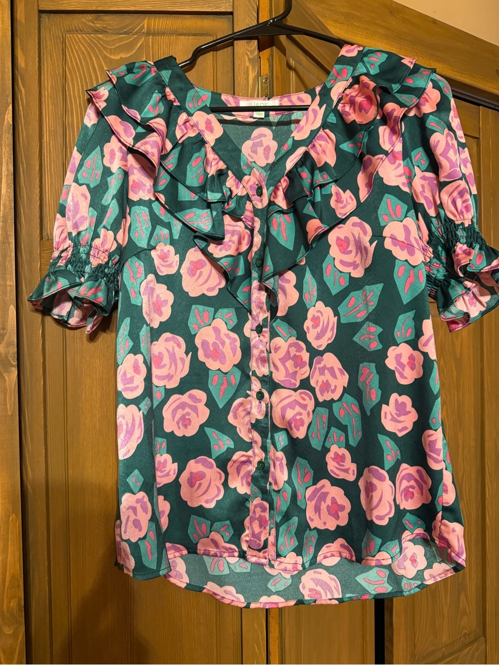 Jade Green Rose Floral Ruffle Blouse